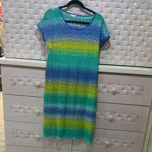 Vibrant Blue and Green Striped Midi Dress